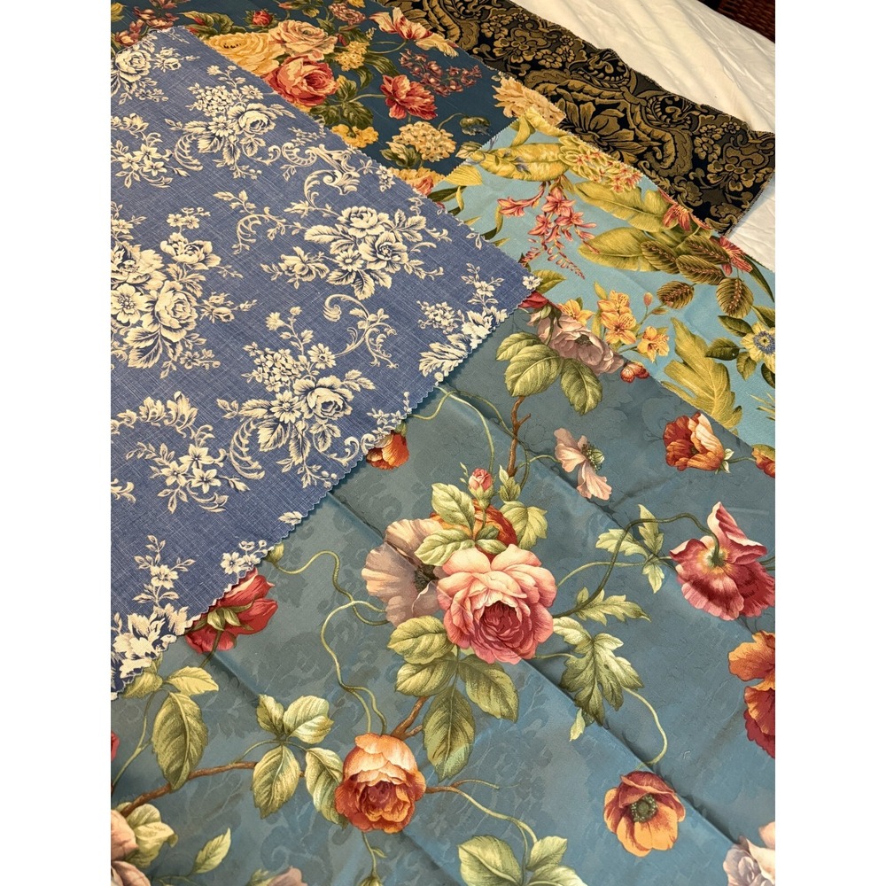 Lot of 5 shades of blue print remnants designs fabrics samples quality tropical